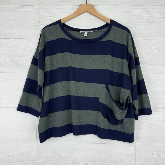 Autumn Cashmere 100% Cashmere Sweater L Striped Navy Green Boxy Drop Shoulder - Picture 1 of 12